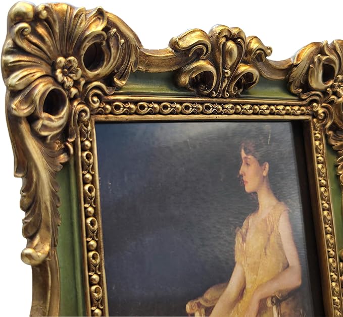 CISOO 5x7 Vintage Picture Frame Antique Ornate Green and Gold Photo Frame, for Table Top and Wall Display, Decorative Floral Design Retro Home Decor, Photo Gallery Art
