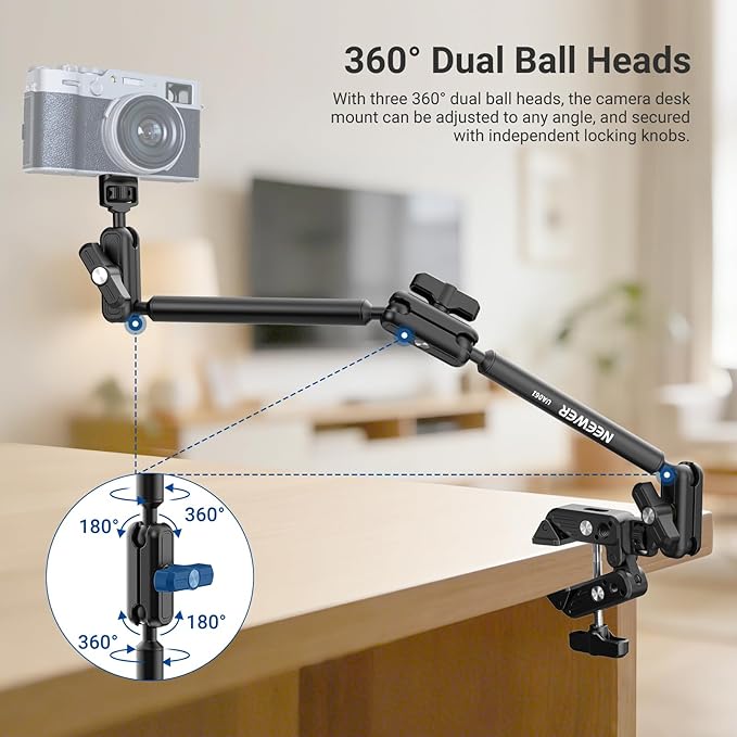 NEEWER Basics Magic Arm Desk Mount, 22" Overhead Mic Stand Boom Arm Desktop Phone Holder with 1/4" 3/8" Threads for ARRI, for DSLR Action Camera Webcam Microphone LED Light for Video Recording, UA061