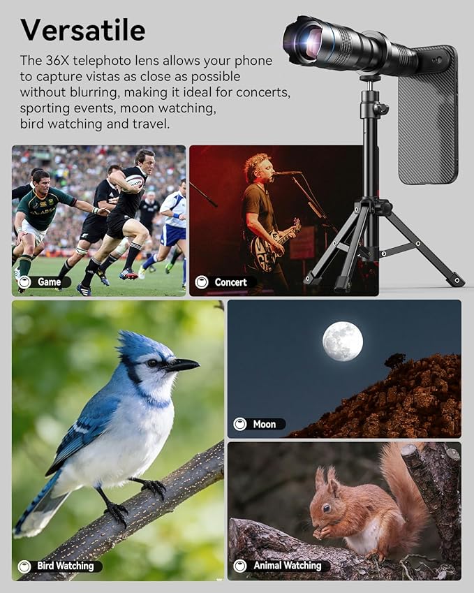 Evil eye 36X Telephoto Lens for iPhone 17 Air, High Power HD Telephoto Phone Lens with Tripod, Phone Lens Attachments for Travel, Concert, Exploration