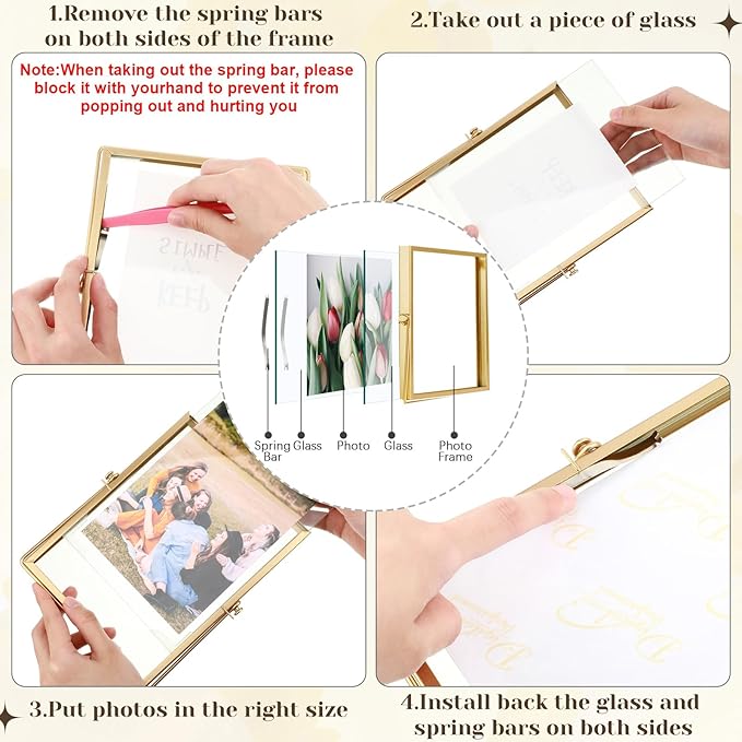 Hoteam 16 Pcs 4 x 6 Inches Gold Floating Frames Glass Photo Frames Vertical Vintage Metal Picture for Wedding Photo Picture Mounting Tabletop Display Office Decor