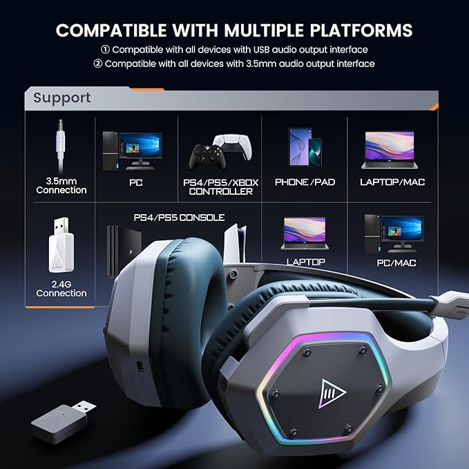 EKSA E1000WT Wireless Gaming Headset,2.4GHz USB Gaming Headphones with Microphone for PC, PS5, PS4, Nintendo Switch, 7.1 Surround Sound Headset, RGB Light, Ergonomic Design for Birthday Gift