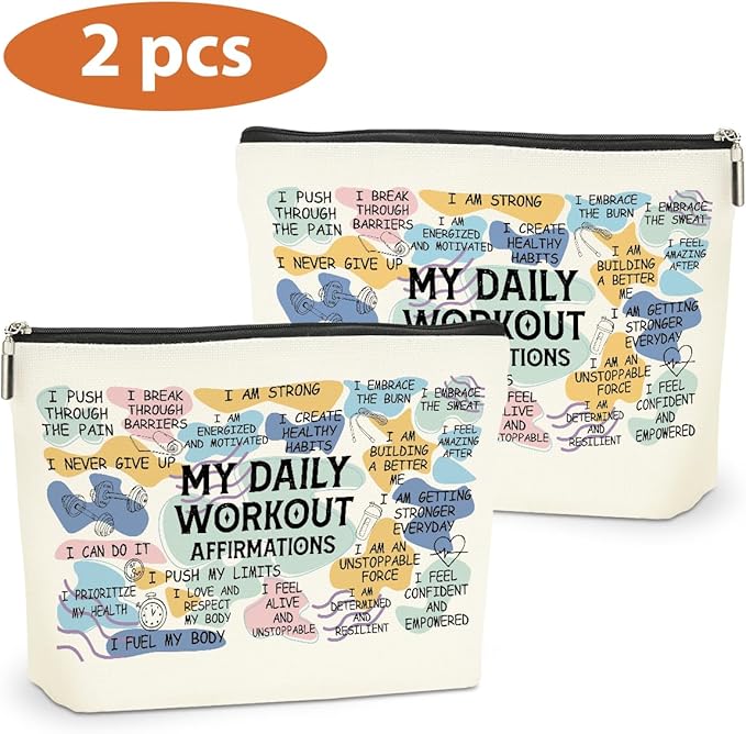 2PCS Daily Affirmations for Women Makeup Bag, Workout Gifts Gym Necessities for Women Encouragement Inspirational Mental Health Gym Gifts for Female Coworker Birthday Travel Toiletry Cosmetic Bag