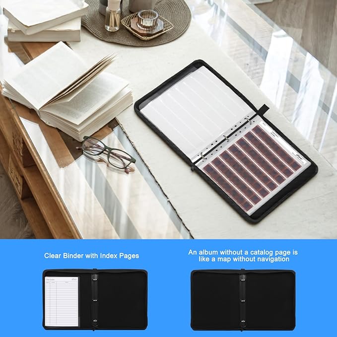 eTone Film Negative Storage Box, PU Leather 3-Ring Binder Album, Gold Foil, 13.18x7.08x1.96 Inch, Velvet Lined for 35mm 120 4x5 8x10 Negatives (Blue)