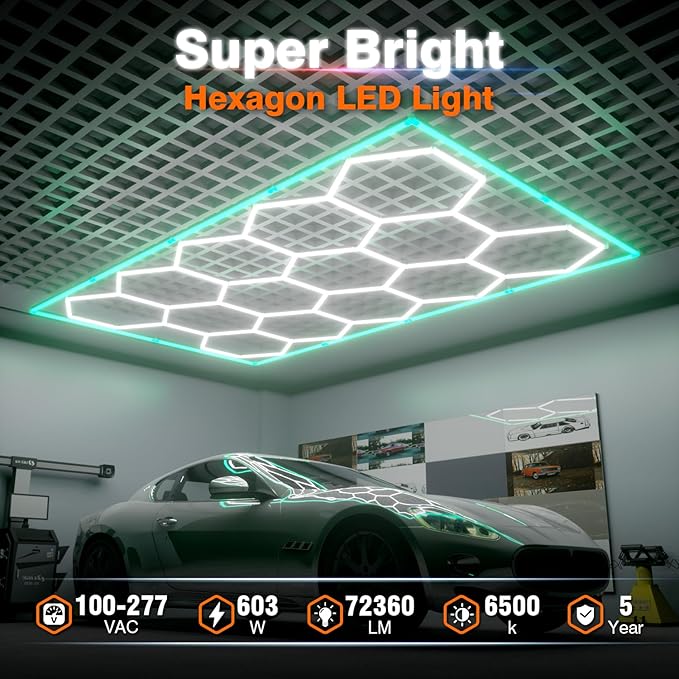 Hexagon Garage Lights, 14 Grids Hexagon LED Lights with Rectangle Frame, 603W 6500K Super Bright Honeycomb Light for Warehouse, Car Detailing Shop, Exhibition Hall, Gym(Green)
