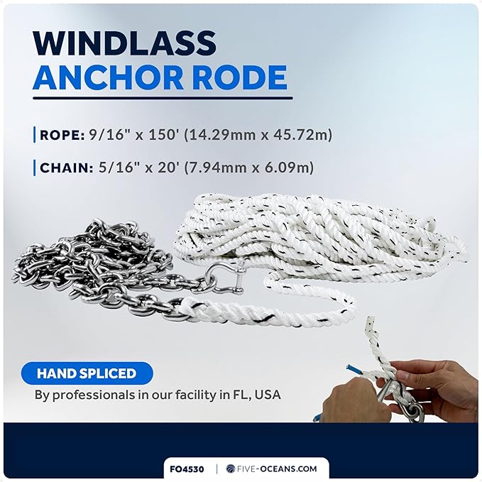 Five Oceans Windlass Anchor Rode, Hand-Spliced Anchor Rope and Chain Combination Kit, Nylon 3-Strand Rope, HT G4 Stainless Steel Chain for Boat Anchor System - Multiple Sizes