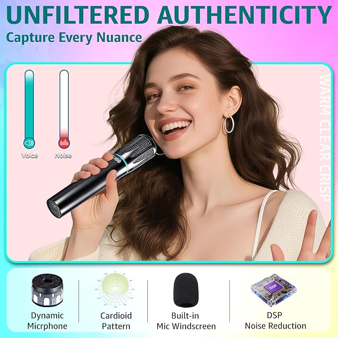 Rechargeable Wireless Microphones & Bluetooth Dual-Mics Receiver for Karaoke, Singing, Speech, DJ, 24H Battery, 200ft, RGB Light, Wireless Microphone Set for Mic/Aux/USB Port (Dual Mic, Black)