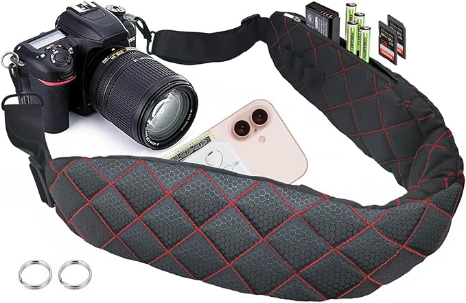 LONPAI Ultra Comfortable Camera Strap with Pockets and Thick Padded for Photographers, Adjustable Universal Cam Neck Belt