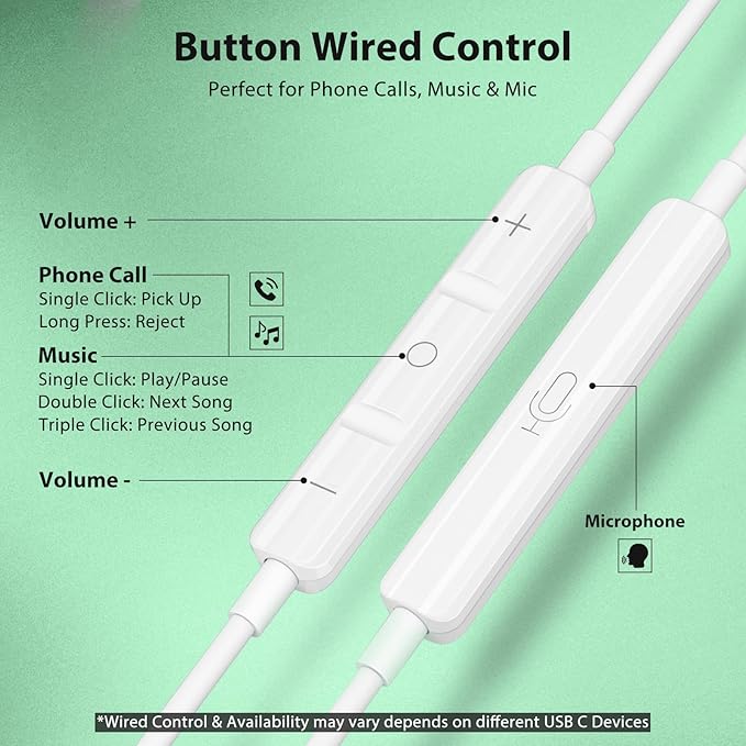Jiunai USB C Earbuds for iPhone 17 16 15 in Ear Wired Headphones with USB C Plug Magnetic Stereo Volume Control Corded Type C Earphones for Samsung Galaxy S26 S25 S24 Ultra Pixel 10 for iPad Green