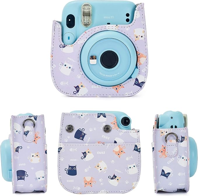 Phetium Instant mini 12 Camera Protective Case Compatible with Instax Mini 12 11,PU Leather Bag with Pocket and Adjustable Shoulder Strap (Purple Cat)