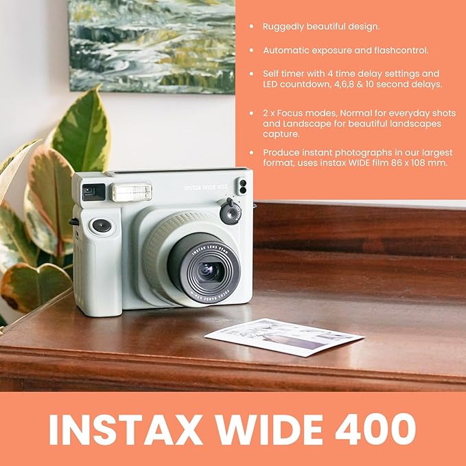 FujiFilm Instax Wide 400 Instant Camera Bundle - Includes Twin Pack Wide Frame Film, BluebirdSales Protective Carrying Case, Cleaning Cloth, and 4 AA Batteries - Portable - Perfect for Travel & Events