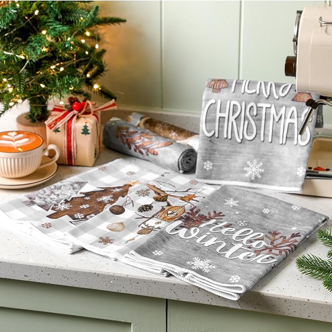 Preboun 6 Pcs Christmas Kitchen Towels Grey Buffalo Plaid Xmas Tree Brown Christmas Dish Hand Kitchen Towels Hello Winter Bathroom Decoration Dish Cloth Tea Cloth