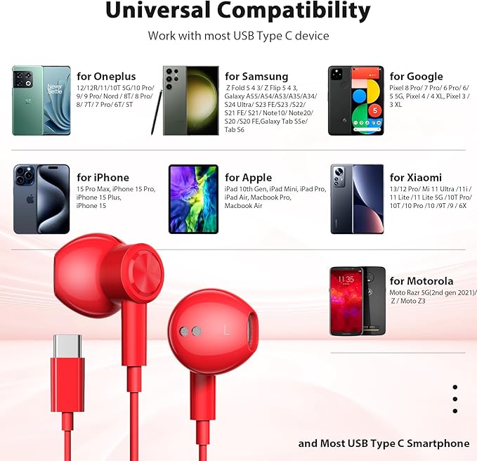 USB C Headphones with Microphone for iPhone 17 Pro Max 17e 16e 16 15 Plus,Type-C Headphones for Google Pixel 10a Wired Earbuds Magnetic Sport Earphone for iPad/OnePlus 15/Samsung S26 S25 Flip 6 Fold 7