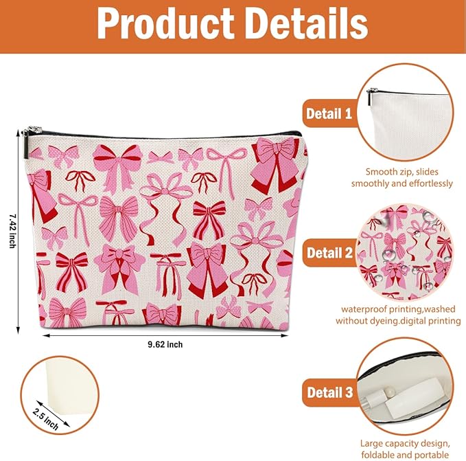 4 PCs Bow Stuff Makeup Bag Coquette Stuff Cosmetic Bag, Bow Gifts for Women Teen Girls Best Friends Daughter Coworkers, Cute Bow Stuff Christmas birthday Gifts Zipper Pouch Toiletry Bag