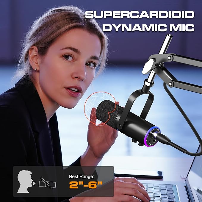 XLR/USB Podcast Microphone, Gaming Mic with Mute Button, Reverb Effects, Noise Cancellation, Boom Arm Stand, Headphones Jack, Dynamic Microphone for Streaming/Recording/Gaming/Vocal-Black