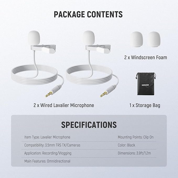 NEEWER 2 Pack Lavalier Lapel Microphone Compatible with Rode Wireless GO II 2 DJI Wireless Mic Transmitter, Omnidirectional Condenser Wired Clip On Lav Mic for Stage YouTube Live Streaming, CM5, White