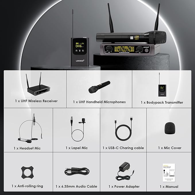 UHF Wireless Microphone System Set: Metal Cordless Handheld/Headset/Lavalier Lapel Mics, Bodypack Transmitter, Receiver - 2*15 Channels 200ft Range for Church, Karaoke Singing, DJ, Wedding, Speech