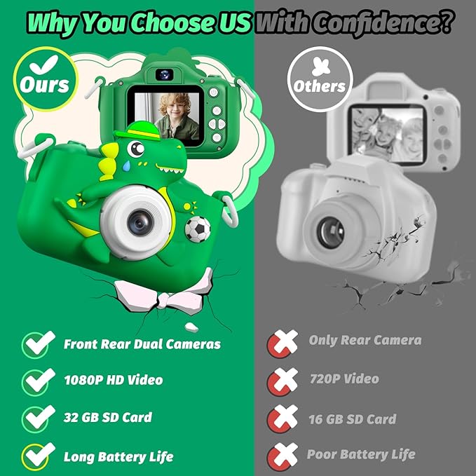 Dinosaur Kids Camera for Boys Girls, Toddler Digital Selfie Camera with Cute Protective Cover and 32G SD Card, Christmas Birthday Gifts Toys for 3 4 5 6 7 8 9 10 11 12 Years Old Little Girls and Boys