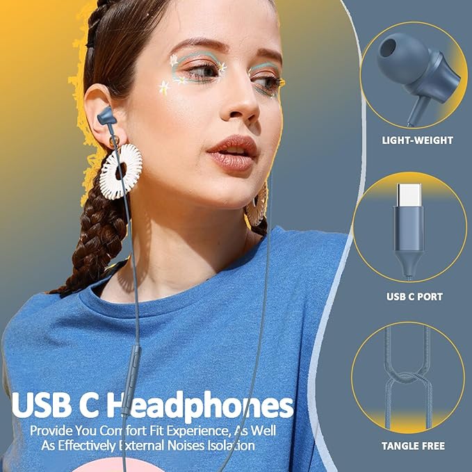Wired Earbuds USB C Port in-Ear Earphones Braided Cord with Built-in Mic Ear Buds Wired Compatible for iPhone 15/16/17, iPad Galaxy Android and Most USB Type C Devices Blue