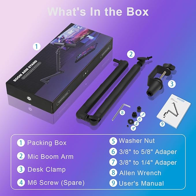 Microphone Boom Arm - Heavy Duty Low Profile Metal Mic Arm Stand with Desk Clamp & Cable Management, 360° Rotatable, Fits Shure SM7B/MV7, Blue Yeti, Fifine AM8, AT2020 for Podcasting & Gaming