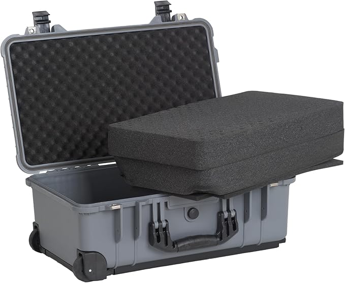 MEIJIA All Weather Rolling Waterproof Protective Case, Hard Camera Case,Dry Case with Retractable Pull Handle and Wheels,Foam Inserted,22 x13.81x9inches (Grey)