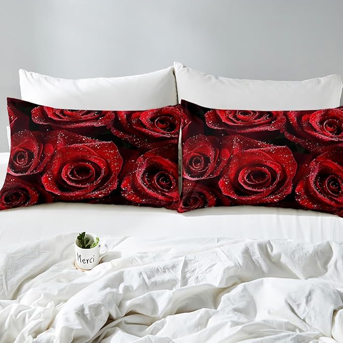 Erosebridal Red Rose Bedding 4 Pcs Valentine's Day Sheet Sets Blossom Rose Flowers Fitted Sheet for Girls Women Boys, Queen Size with 2 Pillowcases