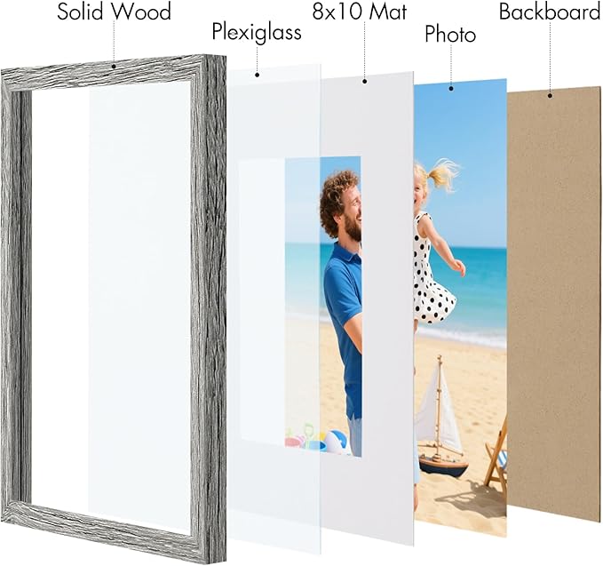 Vittanly 11x14 Picture Frame, Made of Solid Wood and Shatterproof Plexiglass, Display Pictures 8x10 with Mat or 8x10 without Mat, Wooden Photo Frame for Wall Mounting or Tabletop, Grey, 1 Pack