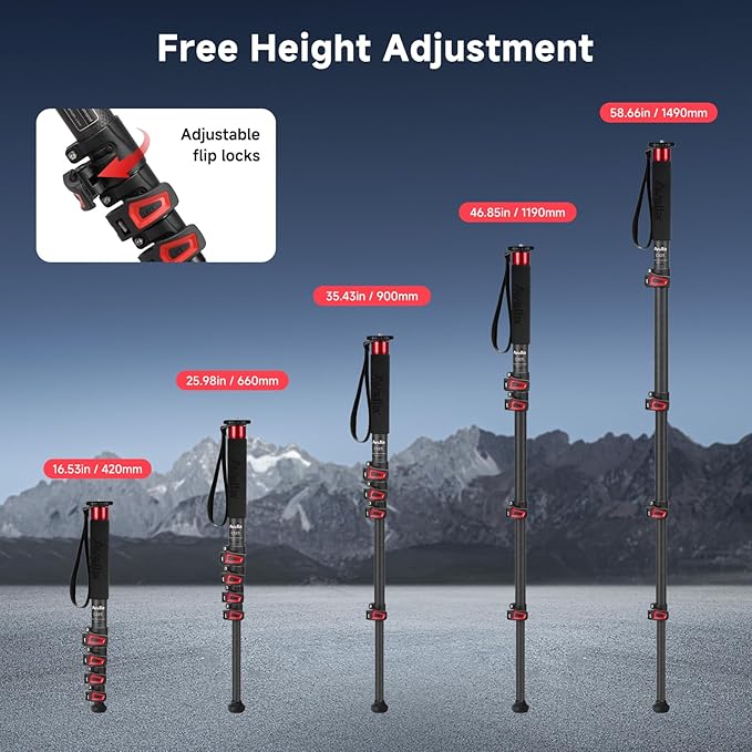 Avella C325 58 Inch Carbon Fiber Camera Monopod Professional Telescopic Monopods for Canon Nikon Sony Olympus Panasonic DSLR Camera Black