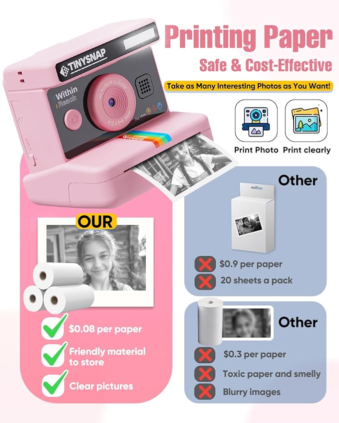 Instant Print Camera for Kids,2.4 Inch Screen Kids Instant Cameras, Christmas Birthday Gifts for Girls Age 3-12, Portable Toddler Toy for 3 4 5 6 7 8 9 10 Year Old Girls Boys (Pink)