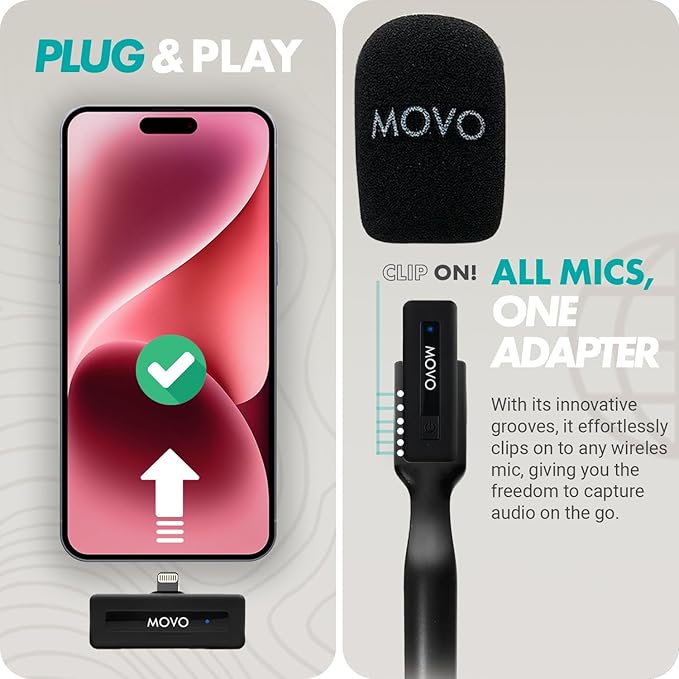 Movo Wireless Mini DI Duo Dual Ultra Compact Wireless Lavalier Microphones for iPhone with Handheld Adapter - Lapel Mic with Handle Mount for Content Creators, Interviews, Reporting and More
