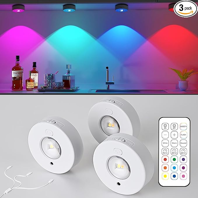 RGB Under Cabinet Lights with Timer Function, Rechargeable Puck Lights with Remote Control, Dimmable Magnetic Stick On Light, LED Touch Tap Light for Closet Shelf Book Shelf Shelves, 3pcs