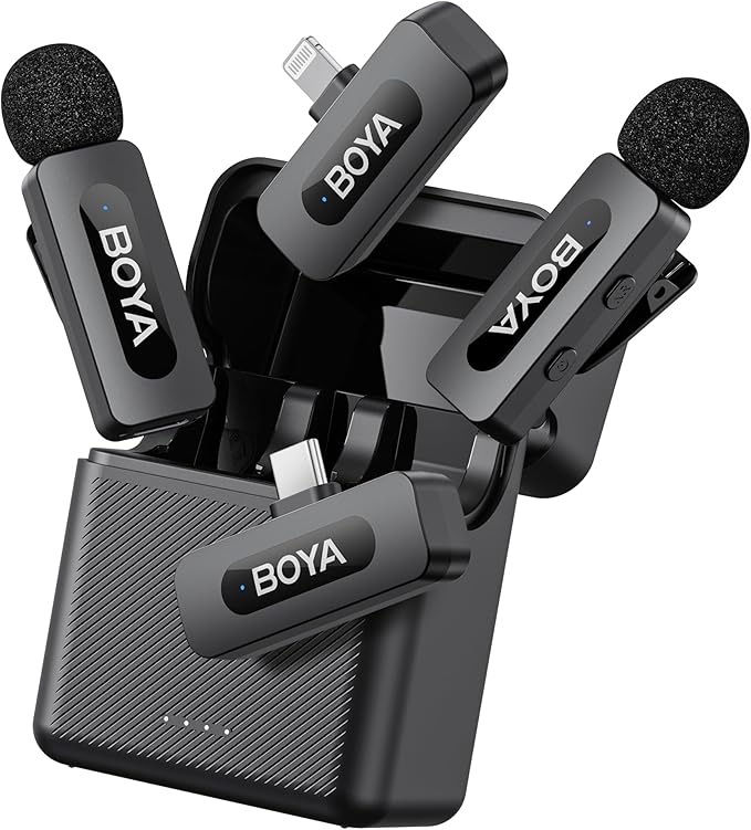 BOYA by-V3 Combo Wireless Microphone for iPhone Android Smartphone,100M Los Range,36H Duration,Noise Cancellation,Plug&Play Lavalier Lapel Mics for Vlogging Interview 2-in-1 Charging Case(2TX+2RX)