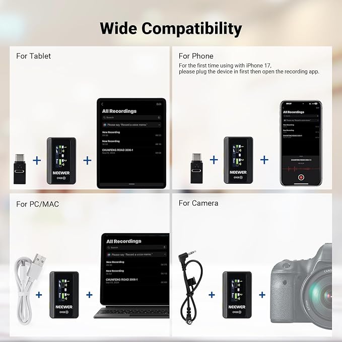 NEEWER CM28 (1 RX + 2 TX + Charging Case), Wireless Lavalier Microphone, Smart Noise Cancelling, 48KHz/16Bit 9 Hrs Uncompressed Recording, 656ft/200m Range, Lav Mic for iPhone, Android, Camera