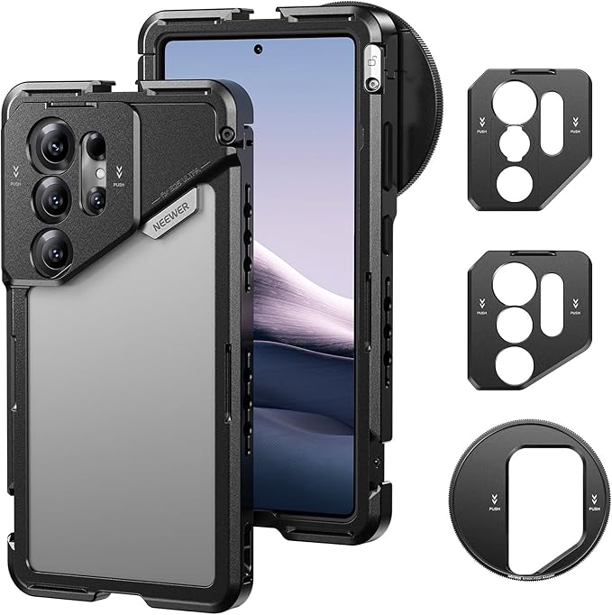 NEEWER Phone Cage & Magnetic Golf Cart Phone Holder, Mobile Video Rig Stabilizer Compatible with Samsung Galaxy S25 Ultra Moment T Series Lenses with 67mm Filter Adapter 17mm Lens Backplate