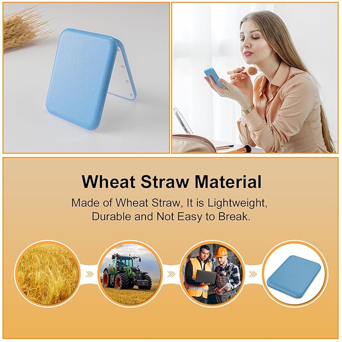Kintion Wheat Straw Pocket Mirror, 1X/3X Magnification Travel Mirror for Purse, Folding Handheld Mirror, Small Lighted Compact Mirror for Gift, Blue
