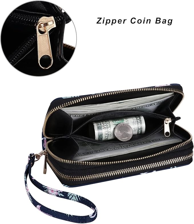 Cellphone Wallet for Women Dual Zipper Long Purse with Removable Wristlet