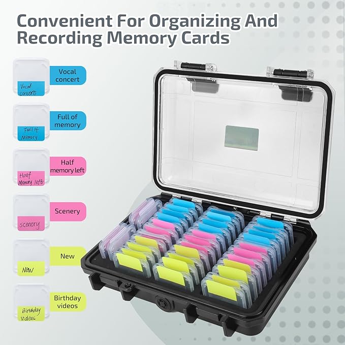 Micscrew 37 Slots Memory Card Case & 36 Transparent Card Cases & 60 Visual Sticky Notes, Water-Resistant Anti-Shock Anti-Dust SD Card Holder Storage,SD Card Case for Camera Memory Card（Clear Plastic）