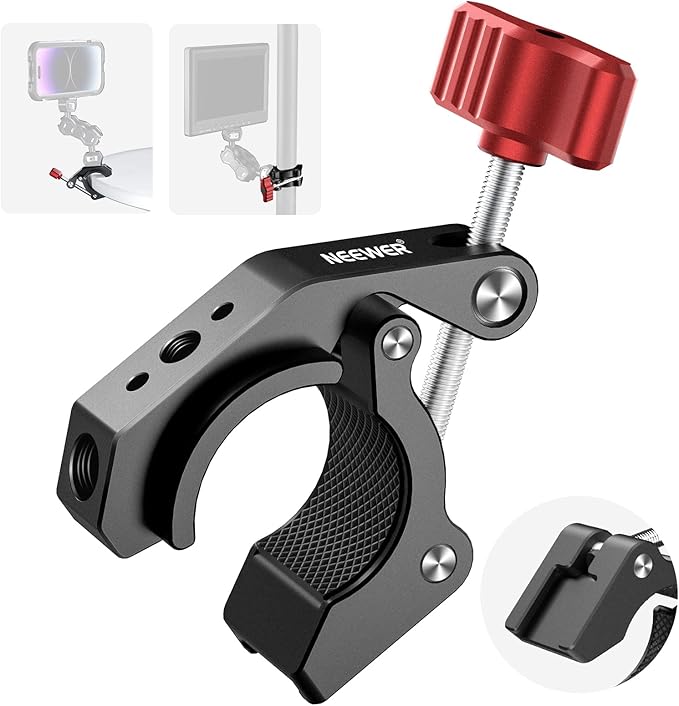 NEEWER Super Clamp with Cold Shoe & 1/4 Inch 3/8 Inch Thread Holes, Max. Load 4 kg, Crab Shaped Camera Tripod Holder for Most Photo Accessories, Compatible with SmallRig Magic Arm, Red ST81