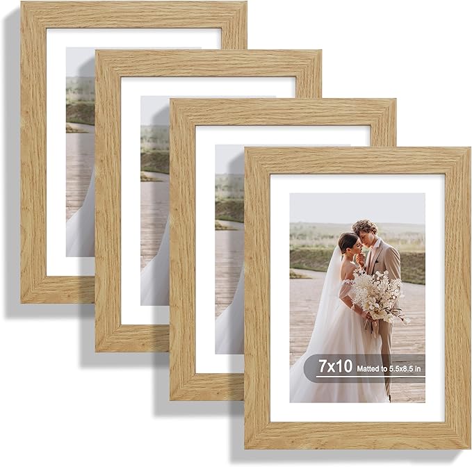7x10 Picture Frame Set of 4, Made of Real Glass and Natural Oak Frame - Display 5.5 x 8.5 Diploma Frame with Mat or 7x10 Without Mat, 7 by 10 Photo for Wall or Tabletop