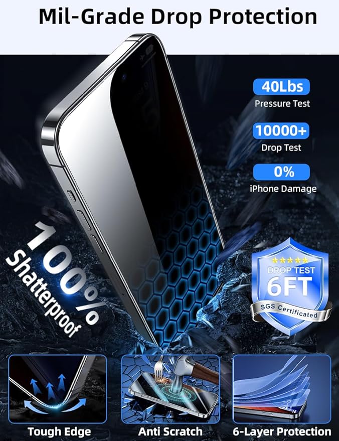 ruwa Privacy Screen Protector for iPhone 16 Pro Max[3-Pack] Anti-Peep Tempered Glass Film with Easy Installation Frame, 9H Hardness, Scratch Resistant, Case Friendly