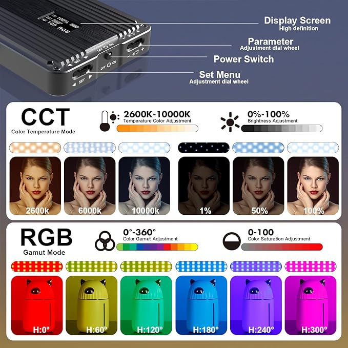 G2 Pocket RGB Camera Light,Built-in 7200mAh Rechargeable Battery 360°Full Color Gamut 9 Light Effects,2600-10000K LED Video Light Panel with Aluminum Alloy Body, Adjustable Tripod Stand