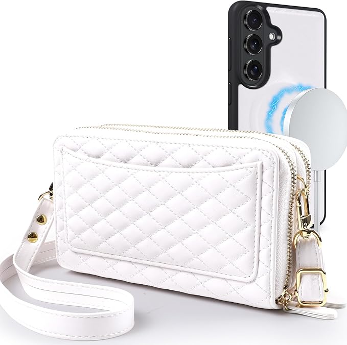 Harryshell Compatible with Samsung Galaxy S26 Case Wallet Multi Zipper Detachable Removable Cover Purse with Card Slots Holder Mirror Crossbody Strap (Compatible with Magsafe - White)