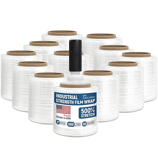 5” x 1000’ Stretch Wrap Mini 12 Rolls with Handle – Clear Plastic Stretch Film 80 Gauge, 500% Elongation, Heavy Duty Shrink Wrap for Moving, Packing & Shipping
