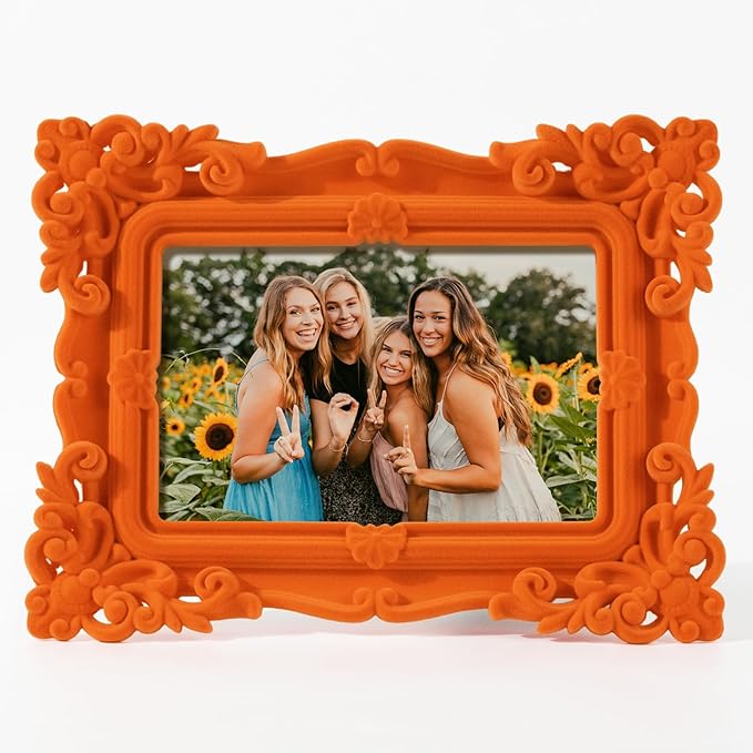Picture Frames 5x7 for Drawings Prints, Small Colorful Decorative Frame with Real Glass/Stand, Retro Ornate Memorial Frame Gift for Wedding Baby Shower Retirement (Orange)