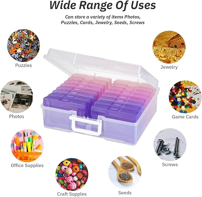Party Club of America 4"x6" Photo Storage Box with Handle Photo Case Craft Keeper Picture Storage Containers 16 Inner Photo Organizer Large Gradient Pink-Purple Series