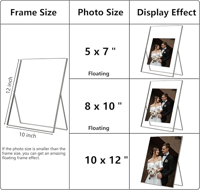 Silver 10x12'' Floating Frame 2pack For Photo Sizes(8.5x11'',7x9'',8x10''),Beautiful Metal Beaded Edge 8x10'' Floating Picture Frames,Adjustable Tabletop/Shelf Photo Frame