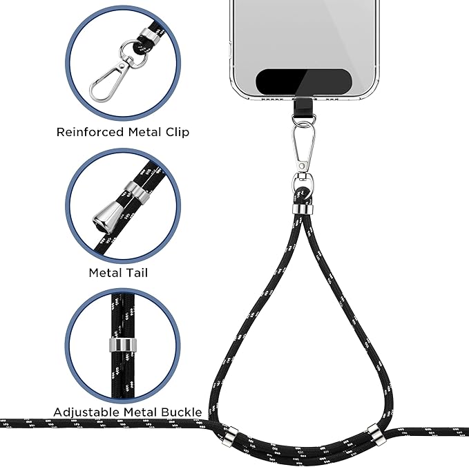 CACOE Phone Lanyard 2 Pcs-1 Pcs Adjustable Neck Strap, 1 Pcs Wrist Strap, 2 Pads, Universal Crossbody Multifuctional Cell Phone Lanyards Compatible with Most Smartphones(Black Silver)