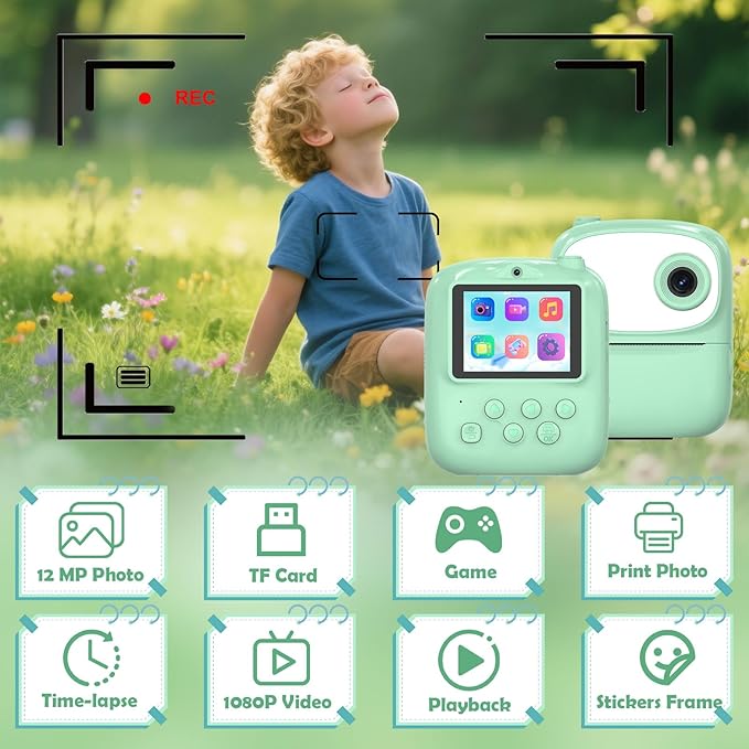Kids Camera Instant Print for Kids with Mirror, HD Dual-Lens Selfie Digital Camera with 3 Rolls Print Paper & 32GB Card, Holiday Birthday Gifts Toys for Girls Boys Toddler. (Green)