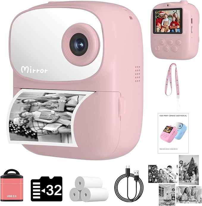 Kids Camera Instant Print for Kids with Mirror, HD Dual-Lens Selfie Digital Camera with 3 Rolls Print Paper & 32GB Card, Holiday Birthday Gifts Toys for Girls Boys Toddler.(Pink)