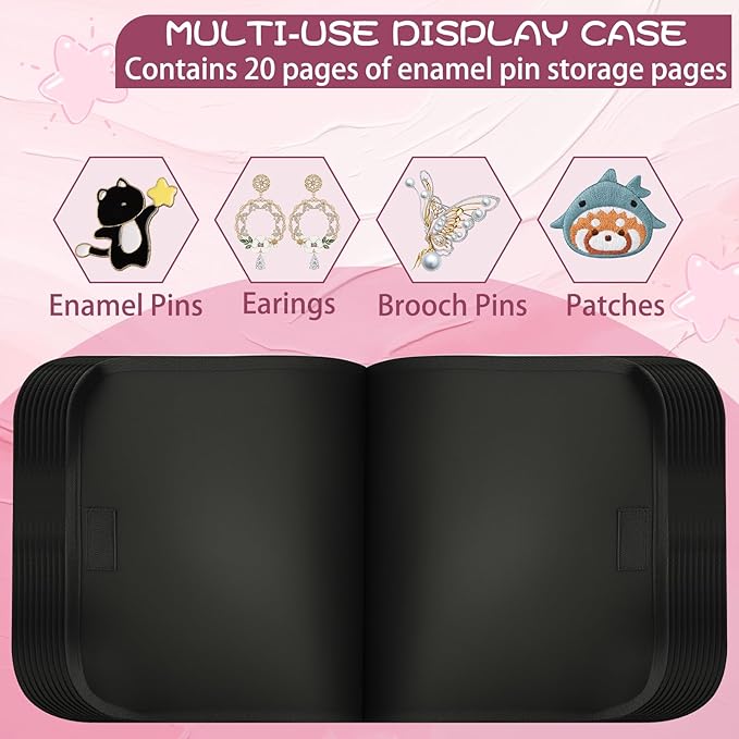 Large Enamel Pin Display Book - 20 Page Pin Book for Collector, Travel Pin Board Carrying Case with Handle & Strap for Brooch Pin Lover, Pin Holder Trading Book for Pins, Brooches, Sports Medals, Pink
