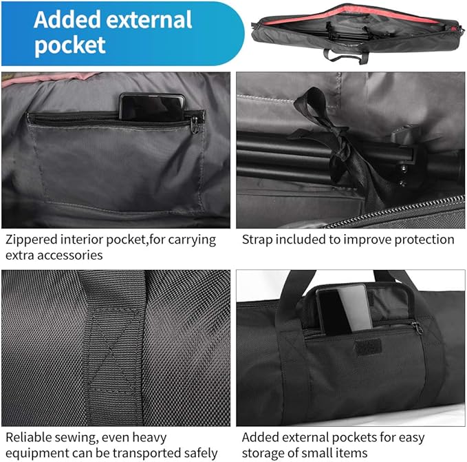 HEMMOTOP Tripod Carrying Case, 39x7in All Sides Thick Padded Tripod Bag with Shoulder Strap and Handle, Heavy Duty Light Stand Bag with Two Zippered Pockets for Pool Cue, Speaker Stand -R10018